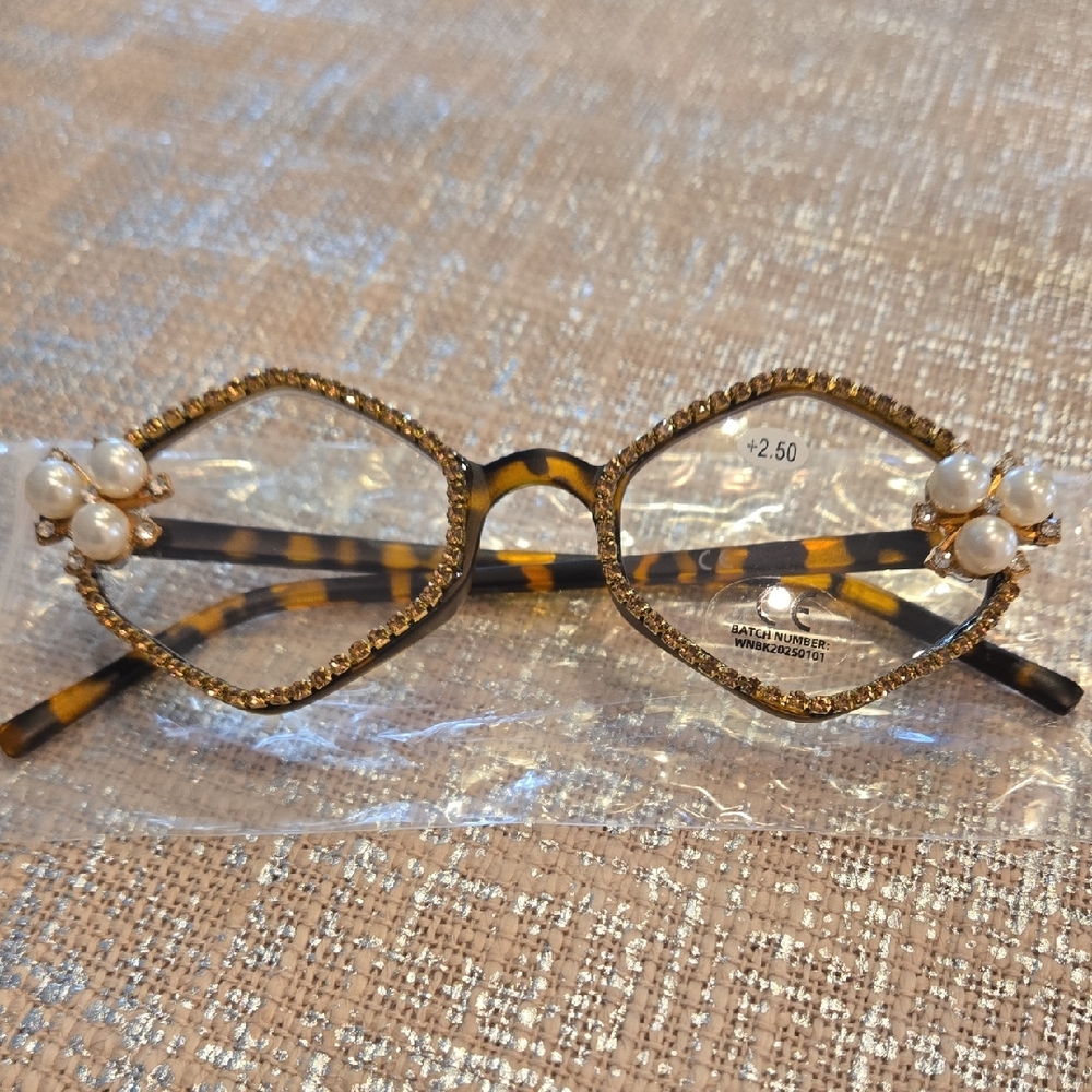 Tortoise  2.0 Bling Readers w/ Gold Crystals Pearl Accents Anti Blue Light